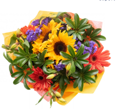 Fall Bouquet Quillu with sunflowers, orange gerberas, yellow alstroemerias, purple statice, and cheflera