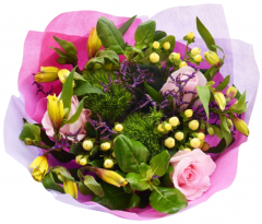 Spring Bouquet SHAYA:

Limonium Purple
Alstromelias Yellow
Pink Roses
Hypericum White
Dianthus Kiwi Cool