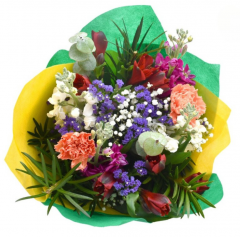 Summer Bouquet SAMI:

Stock White
Stock Hot Pink
Podocarpus
Eucalyptus Baby Blue
Alstromerias Red
Carnation Orange
Statice Purple 
Gypsophilia